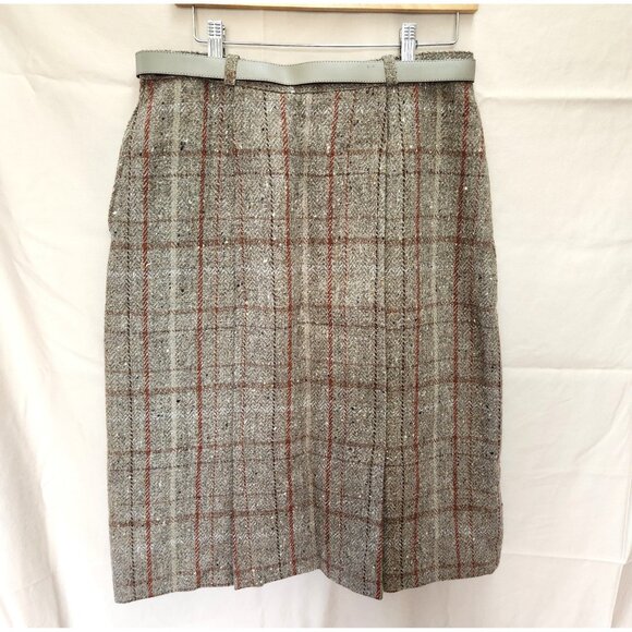 Vintage Wool A-line Skirt Tweed Plaid w Belt, Kick Pleats, Side Zip, Fully Lined - Picture 3 of 8